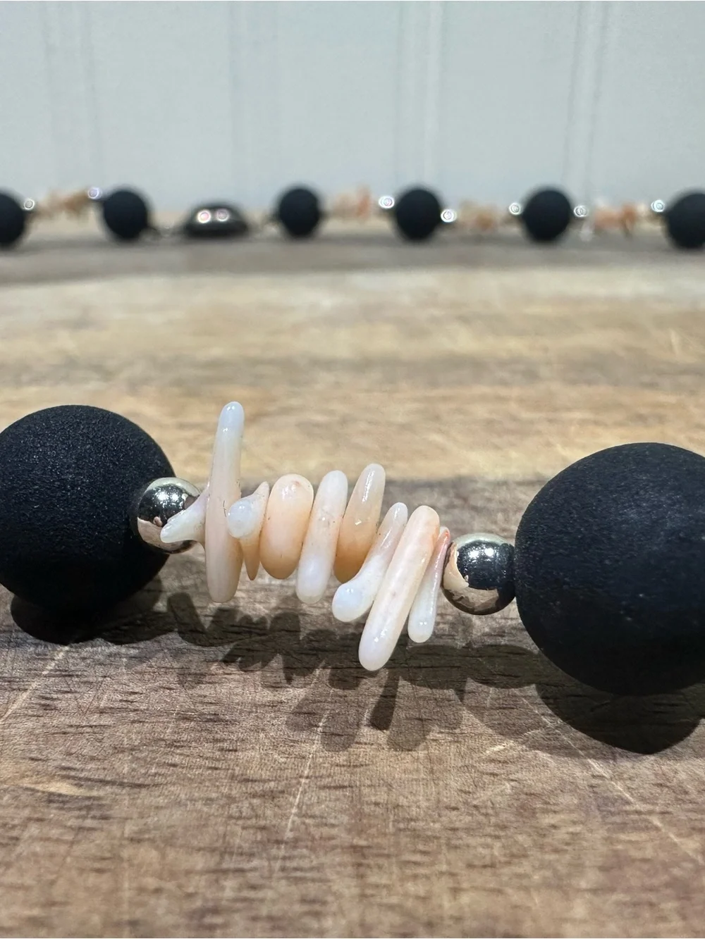 Light pink stone shell & lava rock round bead Necklace 18in Hook Clasp